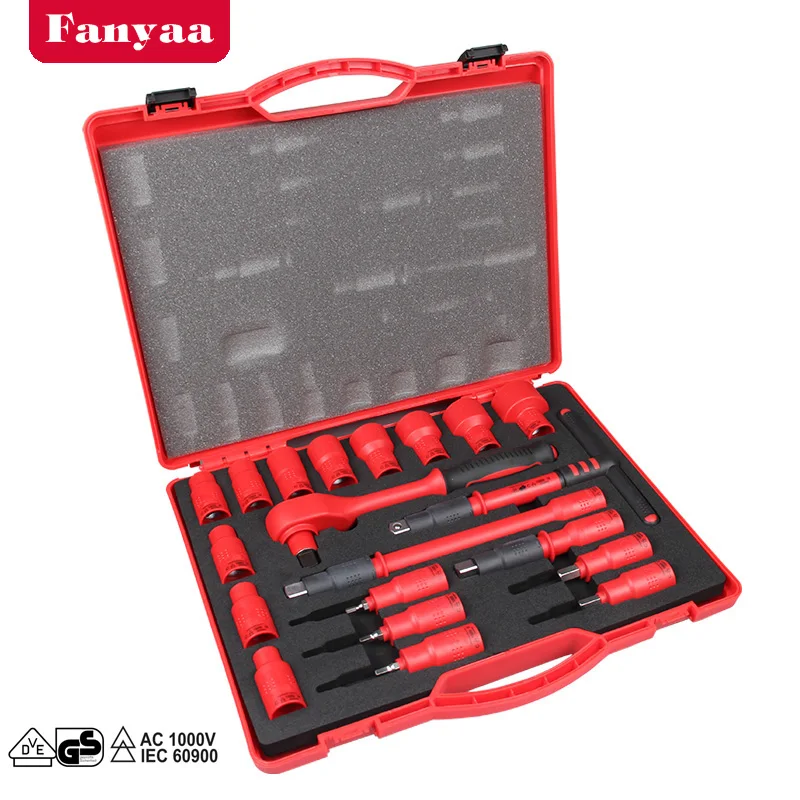 Insulated 1/2 Inch Ratchet Socket Wrench Tool Box, Ratchet Spanner, T-Handle, 2 Extension Bars, Hex Bits Sockets, Sleeve Sockets