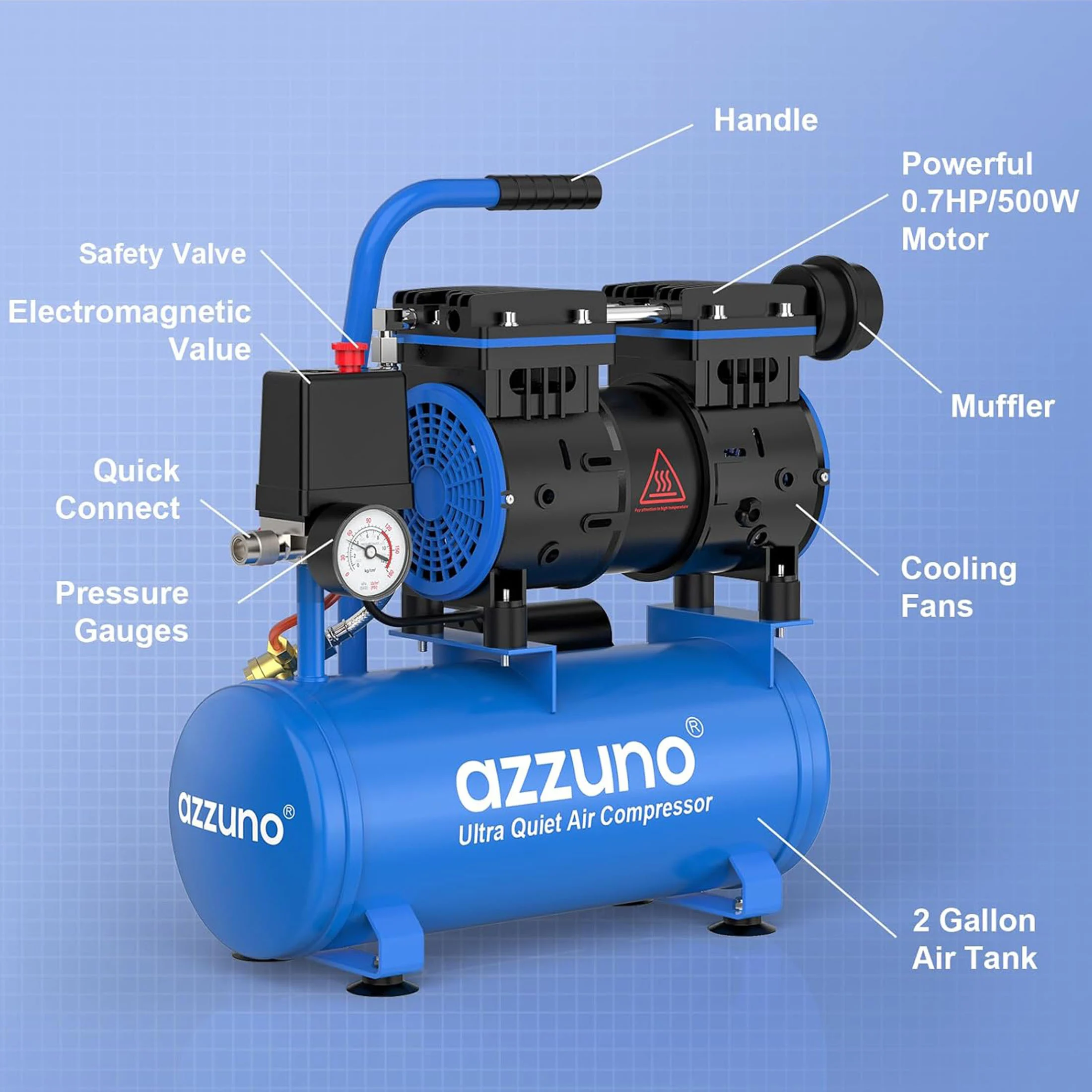 AZZUNO Silent Air Compressor 2 Gallon Quiet Oil-free Portable Air Pump for Home Repair Tire Inflation Whisper Compressor