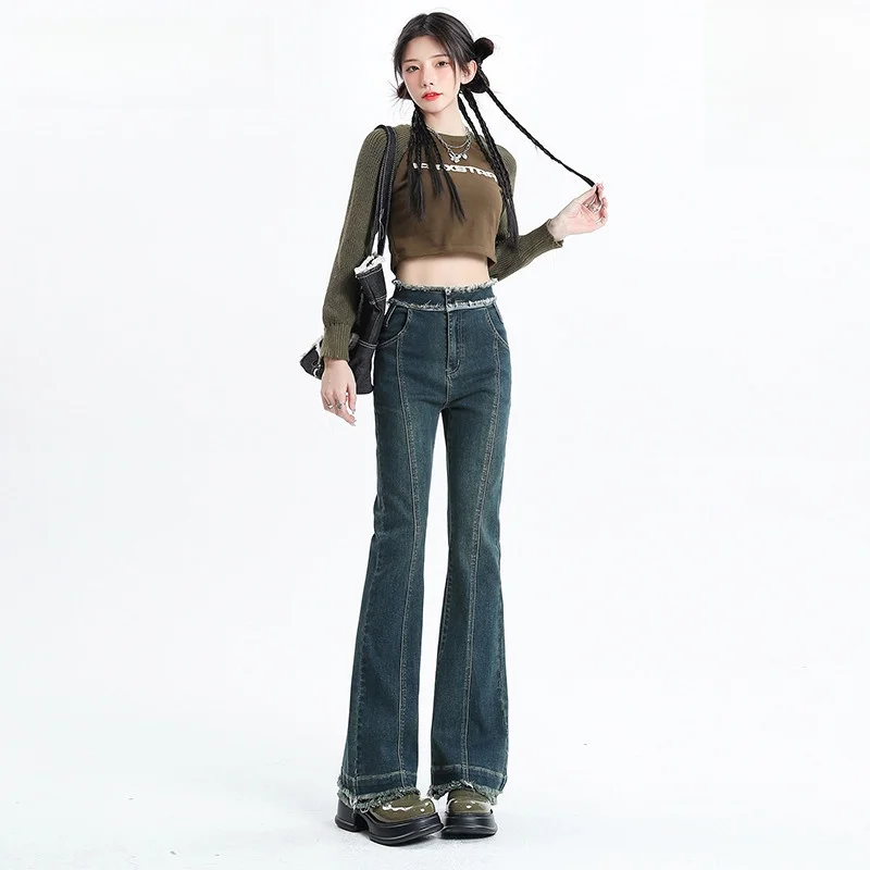 

Off Retro High Waist Bell Bot Jeans Women's Spring Autumn New Sle Slimming Design Sensation Frayed Denim Pants