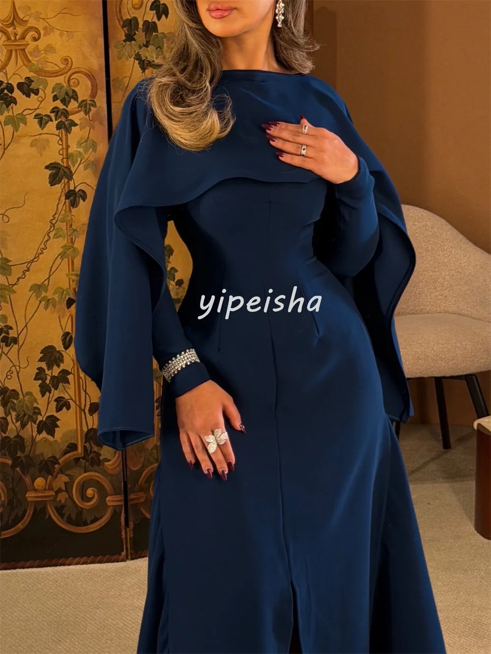 Vestidos largos de cuello alto con pliegues de diamantes de imitación, Jersey a juego personalizado, vestidos para ocasiones a medida, tallas exquisitas disponibles