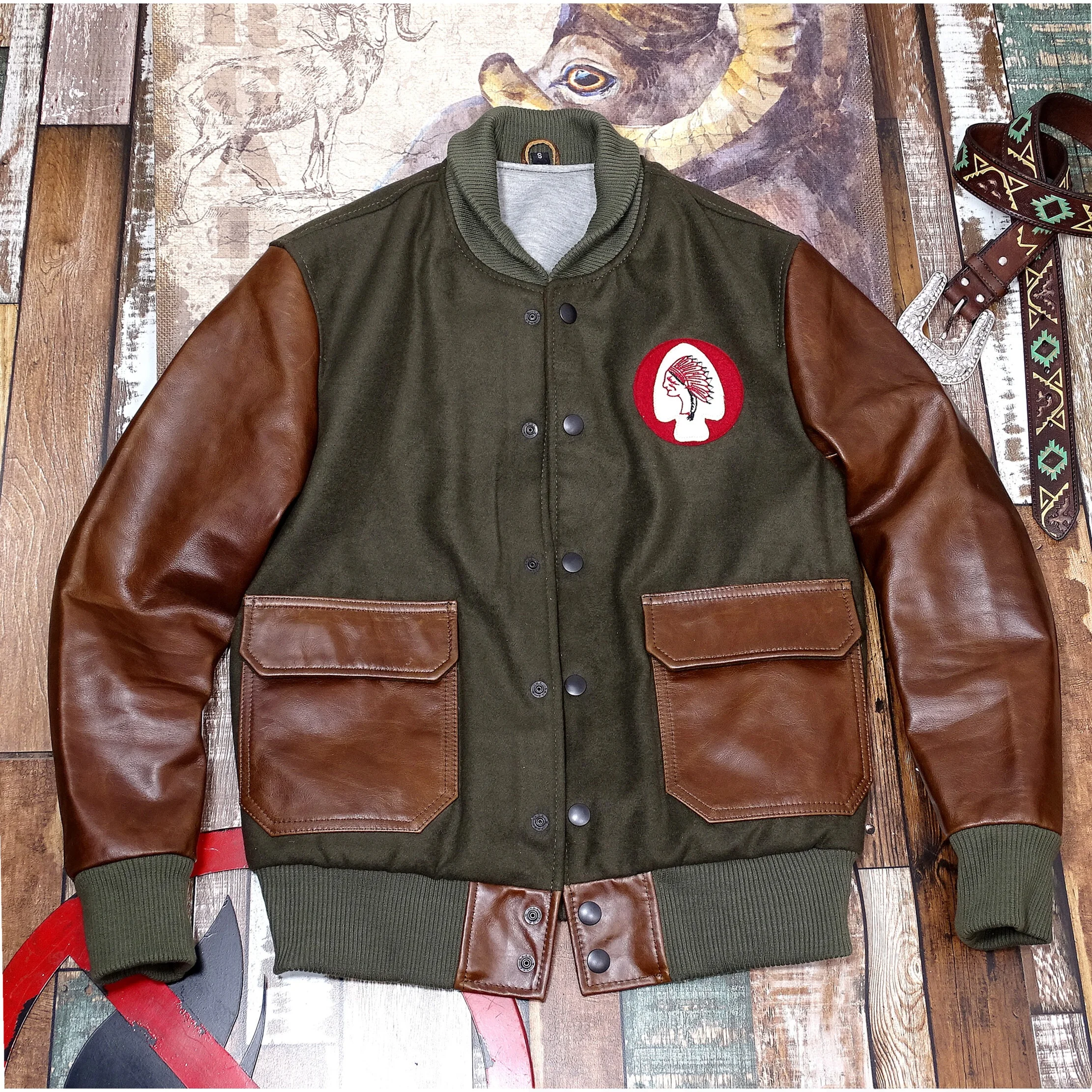 American Casual Retro Oil Wax Cowhide Genuine Leather Men's Flight Jacket Quilted Short Style Single Button Closure Leather Coat