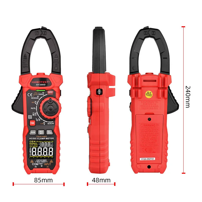 HABOTEST HT208D VFD Digit NCV Capacitance Frequency Inrush 1000A AC DC Amp Digital Clamp Meter Multimeter AC/DC CE