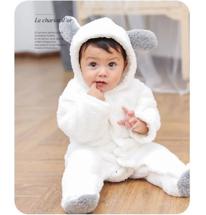 Newborn Baby Rompers Autumn Winter Warm Fleece Baby Boys Hoodes Boys Girls Clothing Cute Animal 0-12M Children Unisex Jumpsuits