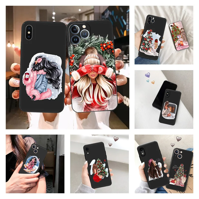 Phone Case for iPhone 16ProMax 14 13 15 Pro Max 12 11 XR SE 7 8 16 Plus Christmas Tree Beauty Girl Soft Black Silicone Cover