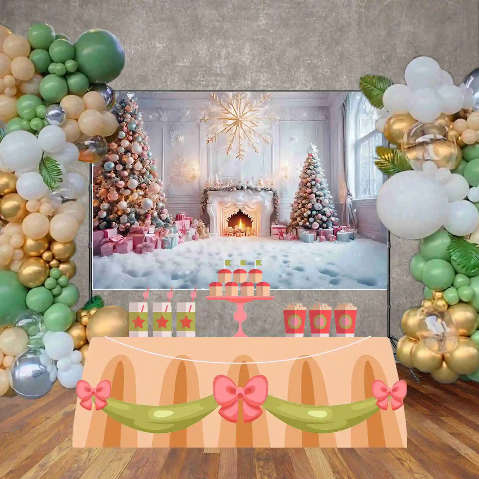 MOON.QG Christmas Living Room Backgrounds Ornaments Tree Snow Fireplace Frozen Backdrops Party Decoration Photozone Supplies