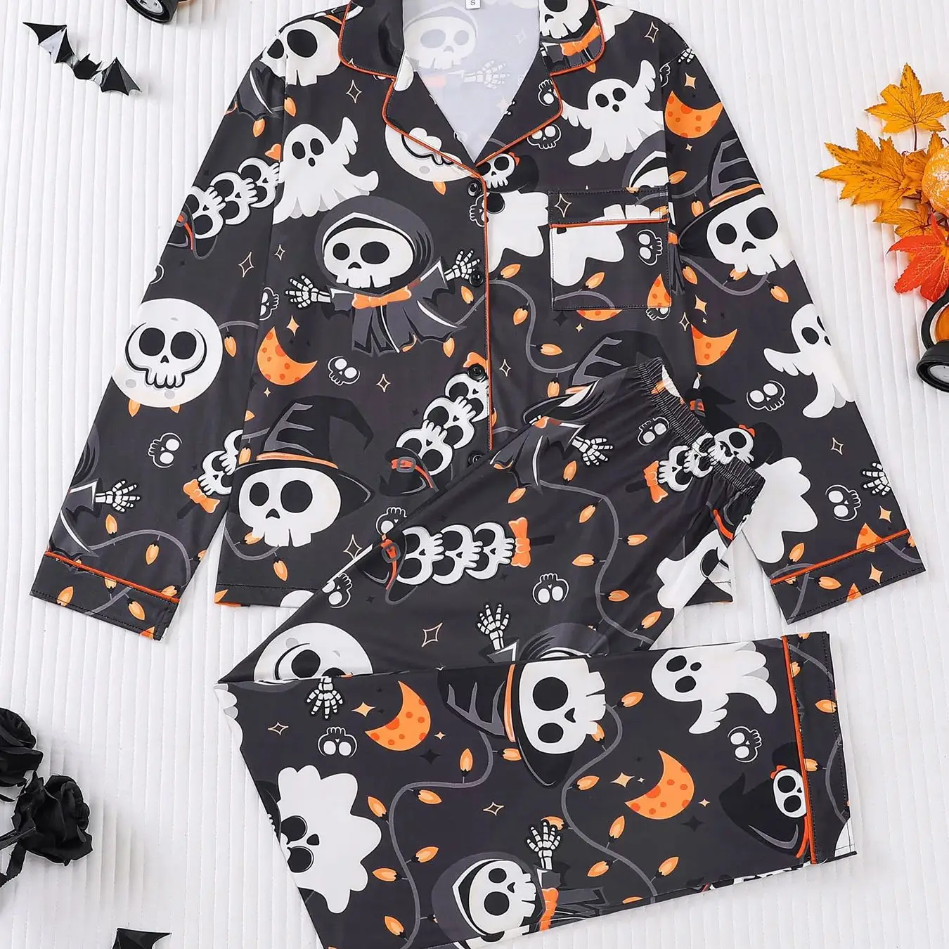Spooky Halloween Women's Pajamas Set Skull Ghost Print Lapel Collar Long Sleeve Long Pants Soft Comfy Home Wear Sleepwear