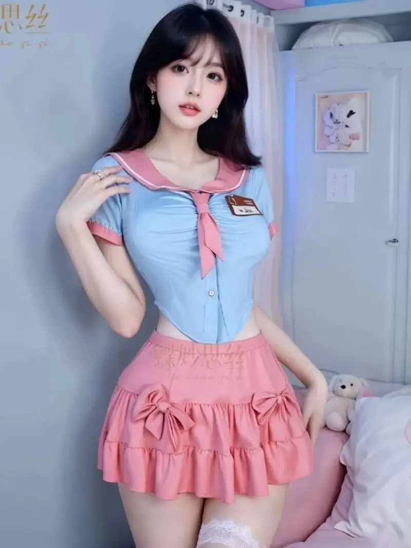 

Sweet Spicy Girl Bow Short Sleeve Shirt Top Cake Half Two Piece Skirt Summer College Style Set JK Sweet Women Set 2025 New CFQ1