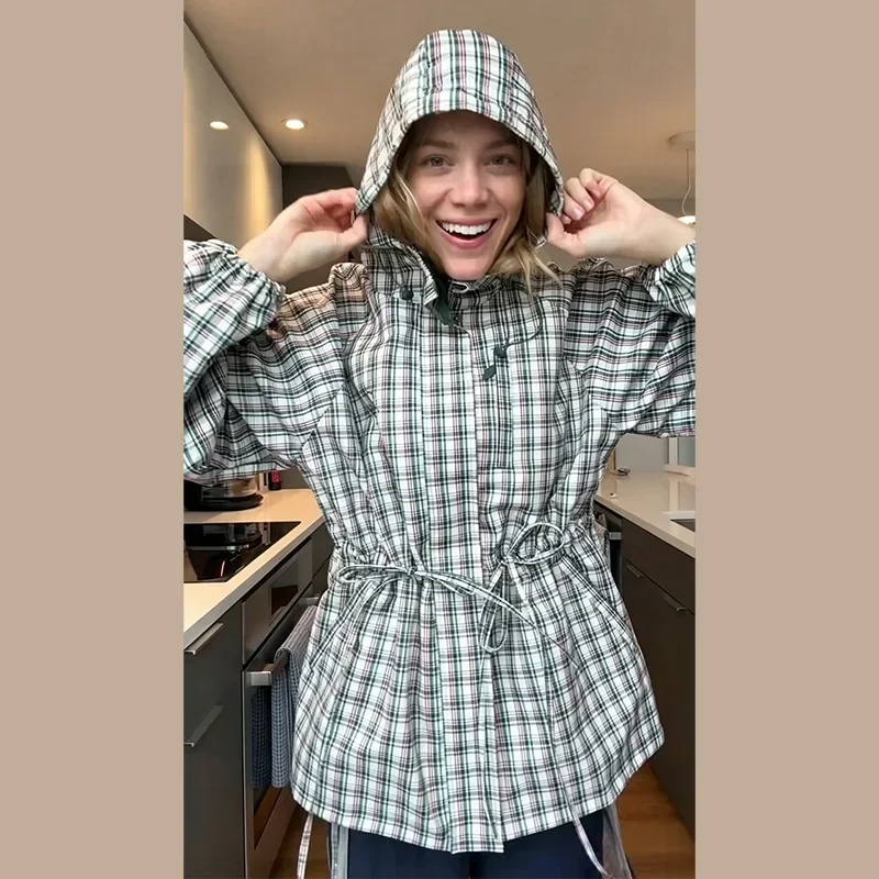 Retro Damen Karierter Kapuzen-Windbreaker mit Kordelzug-Taille, Langarm, Lose Passform, Freizeitjacke, 2026 Herbst Damen Neue Streetwear-Jacken – Detail 3