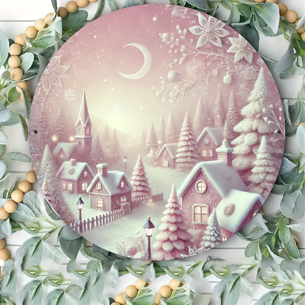 Placa de Metal Vintage Rosa com Cena de Natal de Vila de Inverno, Arte de Parede Retrô com Cidade Nevada, Igreja e Pinheiro para Decoração de Casa e Sala de Estar