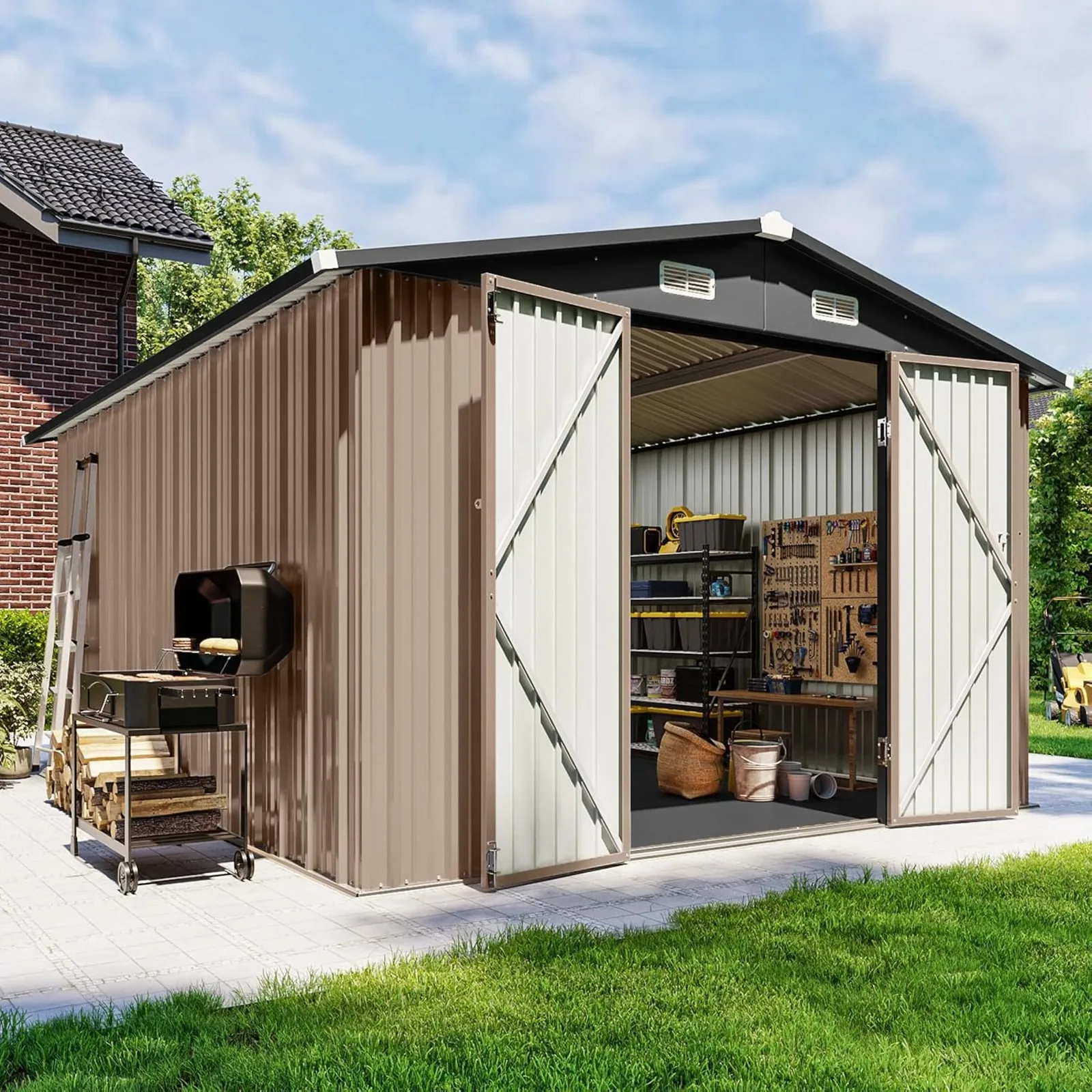 Outdoor Storage Shed with Floor & Lockable Double Doors, Heavy-Duty Galvanized Steel Outdoor Metal Shed for Bike, Tool, Generator Storage in Backyard, Patio (10’x12’, Floor)