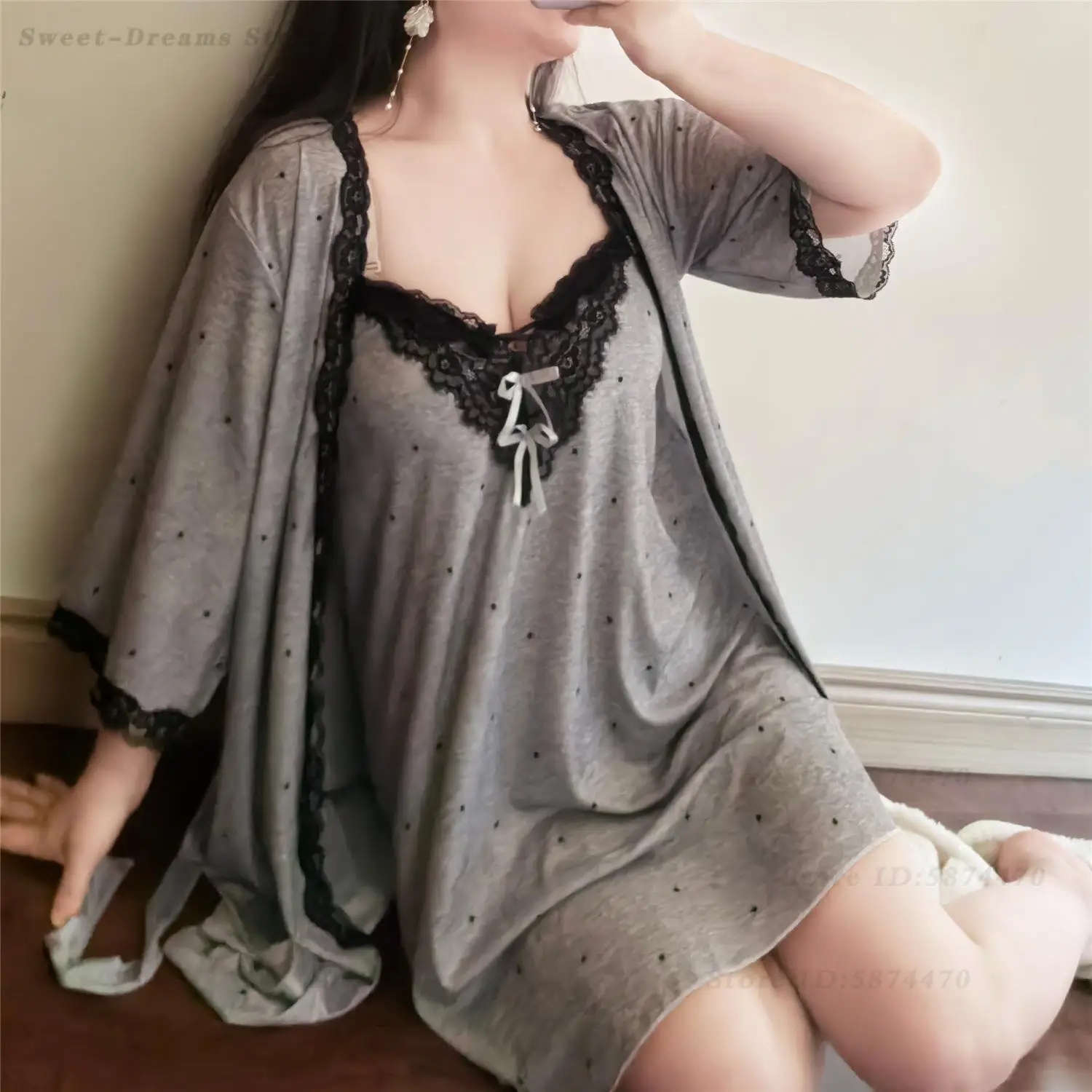 

Grey Modal Robe Dress Set Sexy Lace Suspender Nightgown Lingerie New Women's Plus Size 4XL Sleepwear Bathrobe Gown Homewear