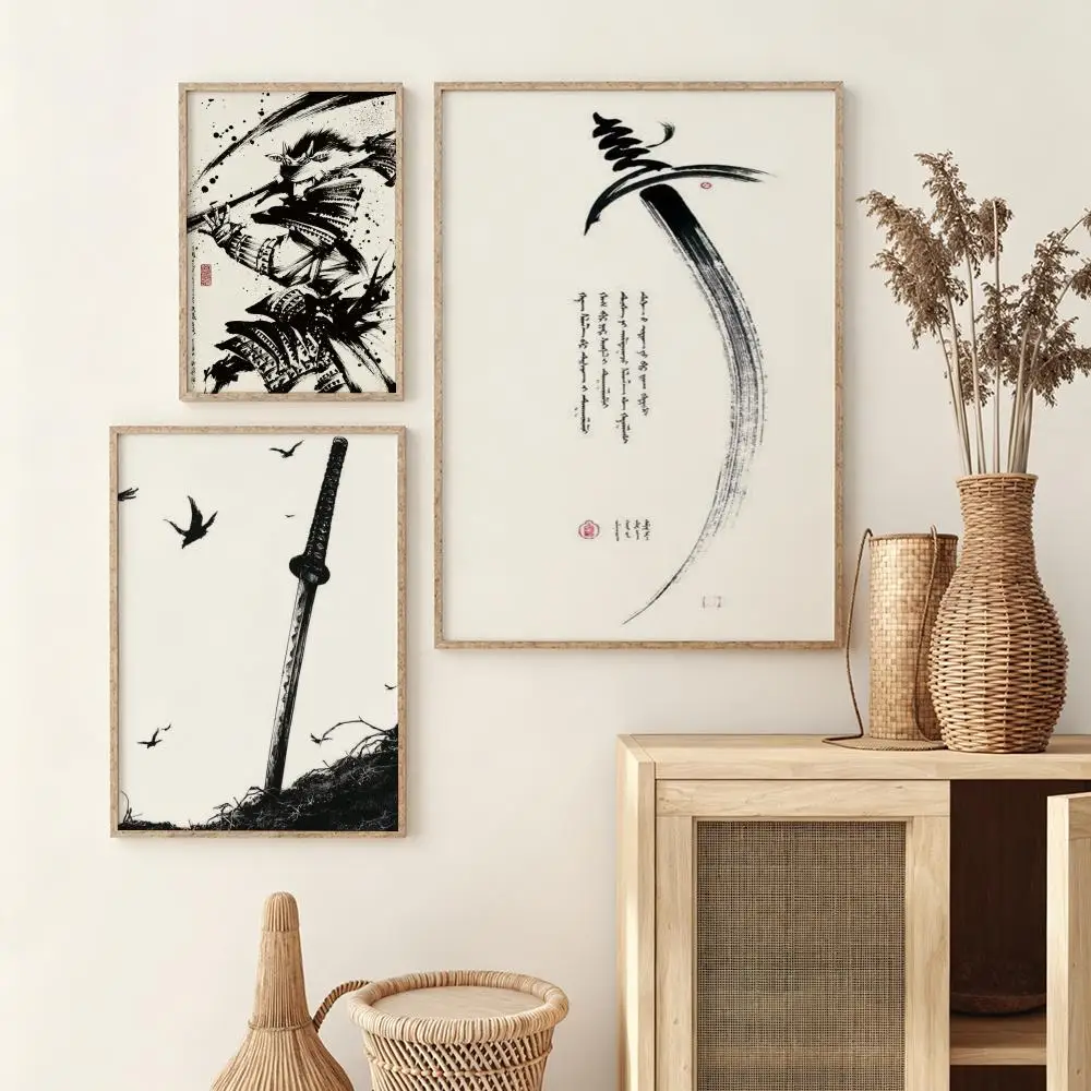 Japanese K-Katana Samurai Art Poster Wall Stickers HD Painting Self Adhesive Art Decals for Living Room Home Bedroom Decor