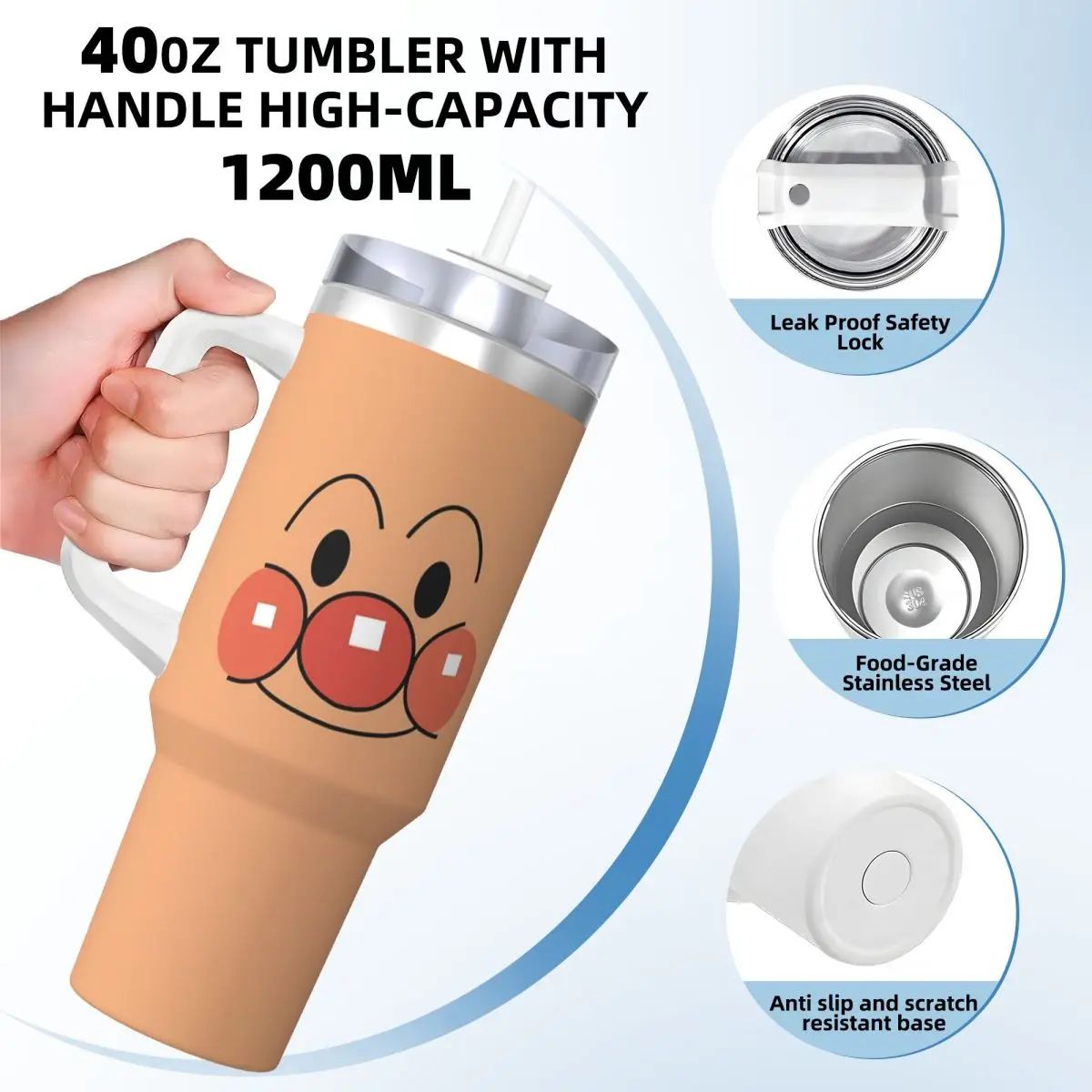 Anpanman Stainless Steel Tumbler Travel Mugs Cup 40oz Coffee Mug Keep Heat Cold Drink Milk Tea Water Bottle