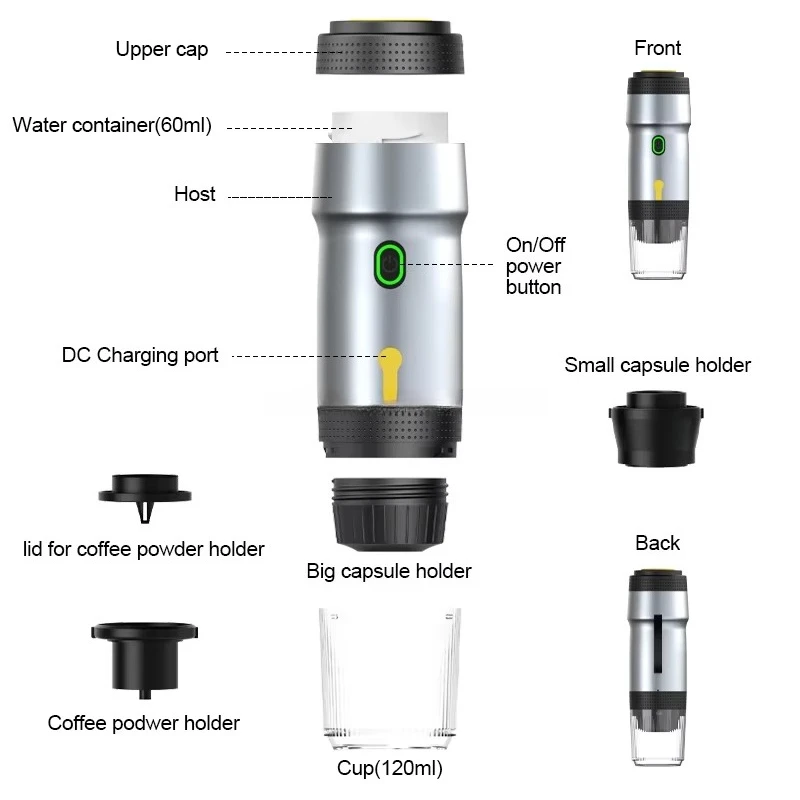 Semi Automatic Portable Espresso Maker USB 12V Electric