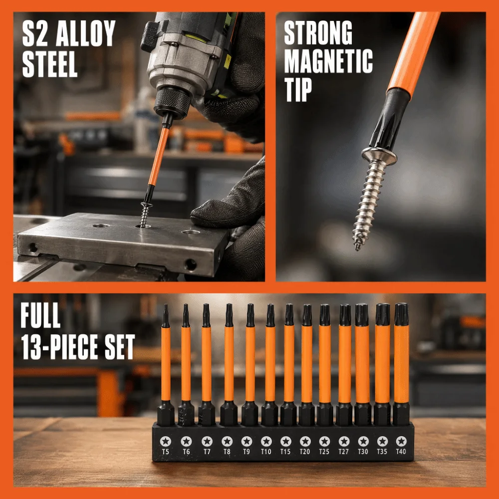 13pcs S2 Alloy Steel Star Bits Set 1/4 Inch Hex Shank 75mm Length Screwdriver Bit Set 6-Point Design CNC Machined