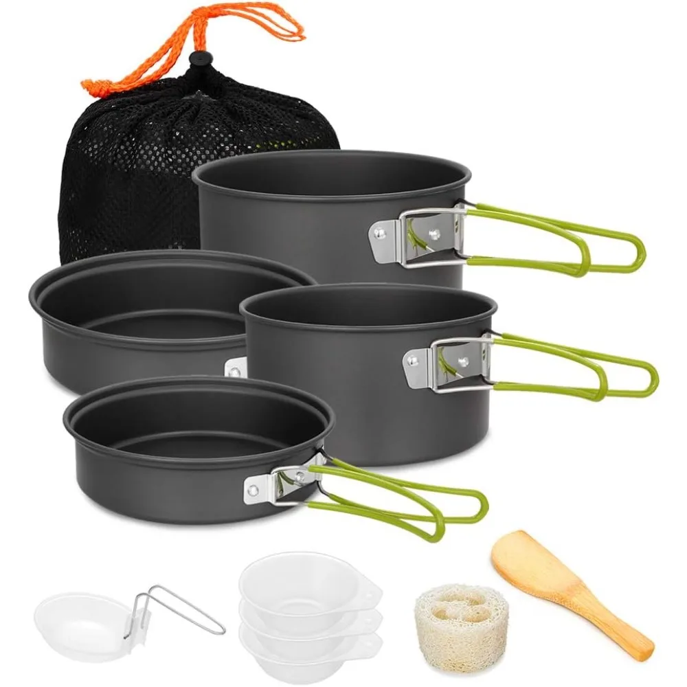 camping cookware set camping gear campfire utensils non-stick cooking equipment lightweight stackable pot pan bowls with storag