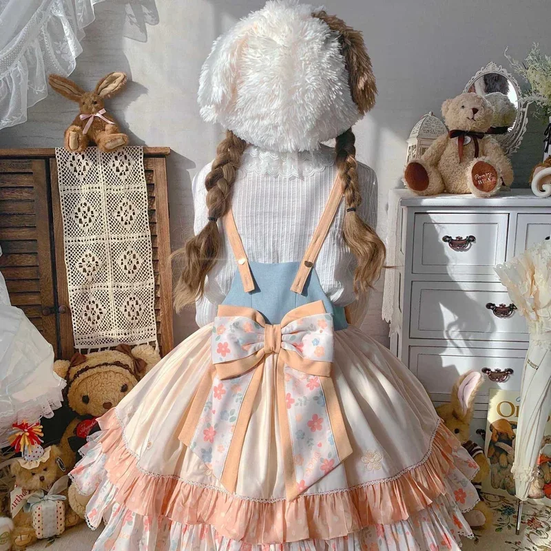 Sweet Lolita Jsk Dress Party Duck Montage Cartoon Cute Print Strap Dress Japanese Summer Girl Kawaii Party Strap Dress