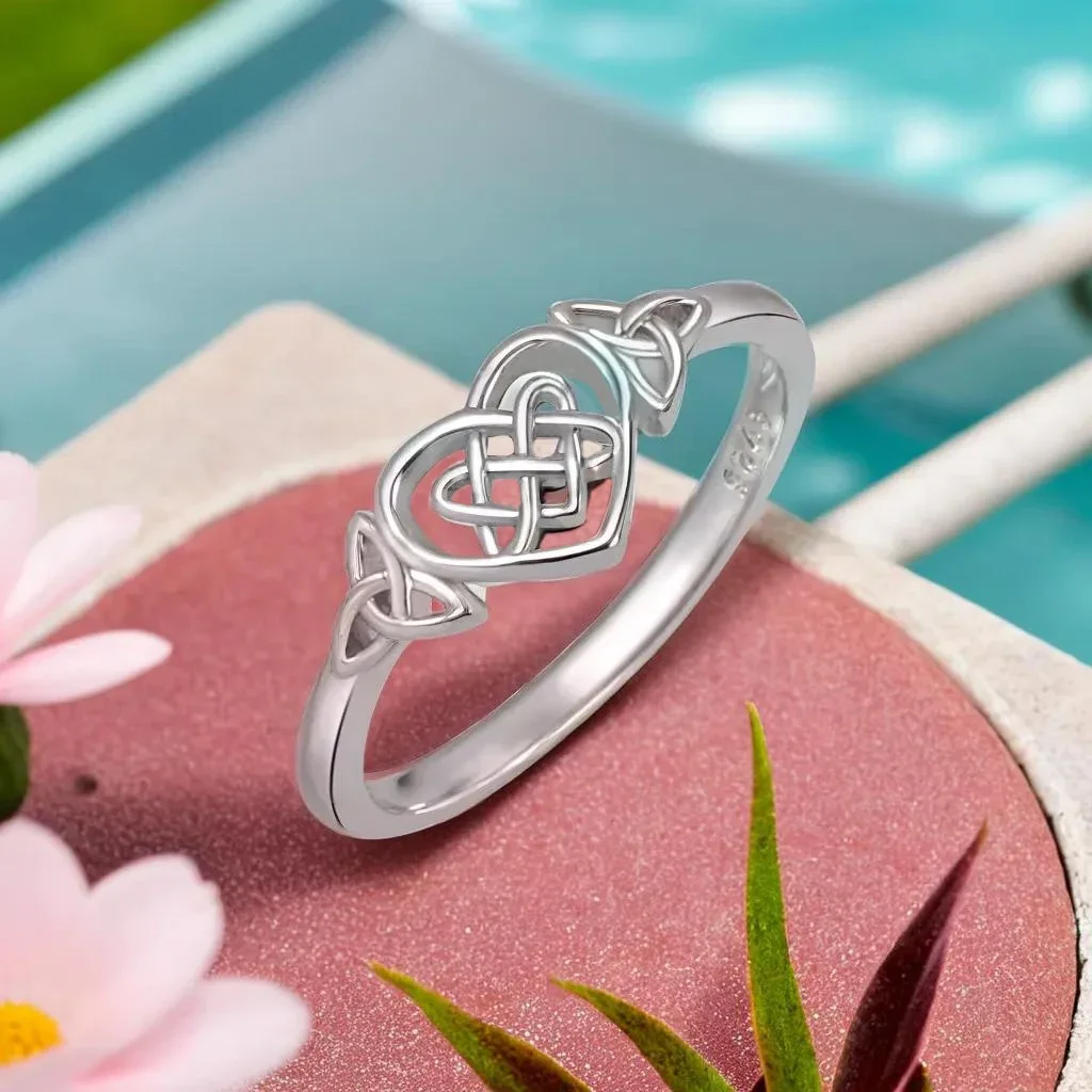 S925 Silver Celtic Knot Heart Rings for Women High Polish Tarnish Resistant Eternity Wedding Band Hollow Out Geometric Jewelry