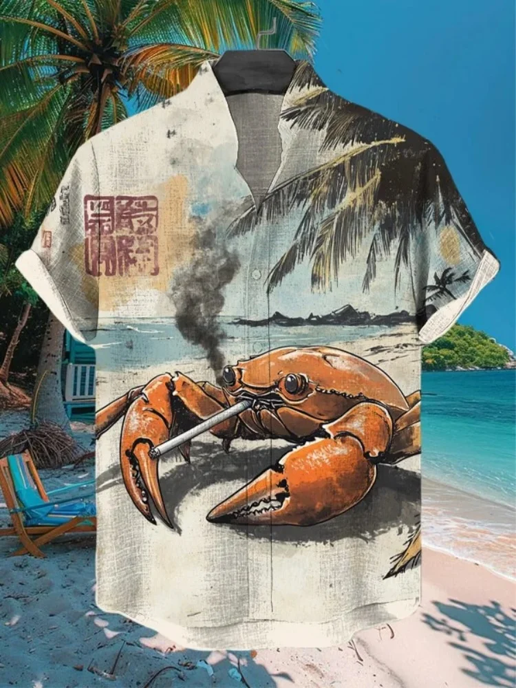 

Men's Crab Smoking Cigarette Coconut Tree Art Print Casual Shirt Korean Japanese Holiday Summer Short Sleeve Stand Collar Tops