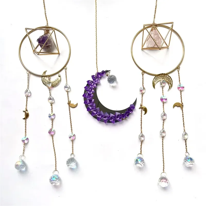 Polished natural crystal wind chimes quartz rough stone amethyst crystal point hanging sun catcher