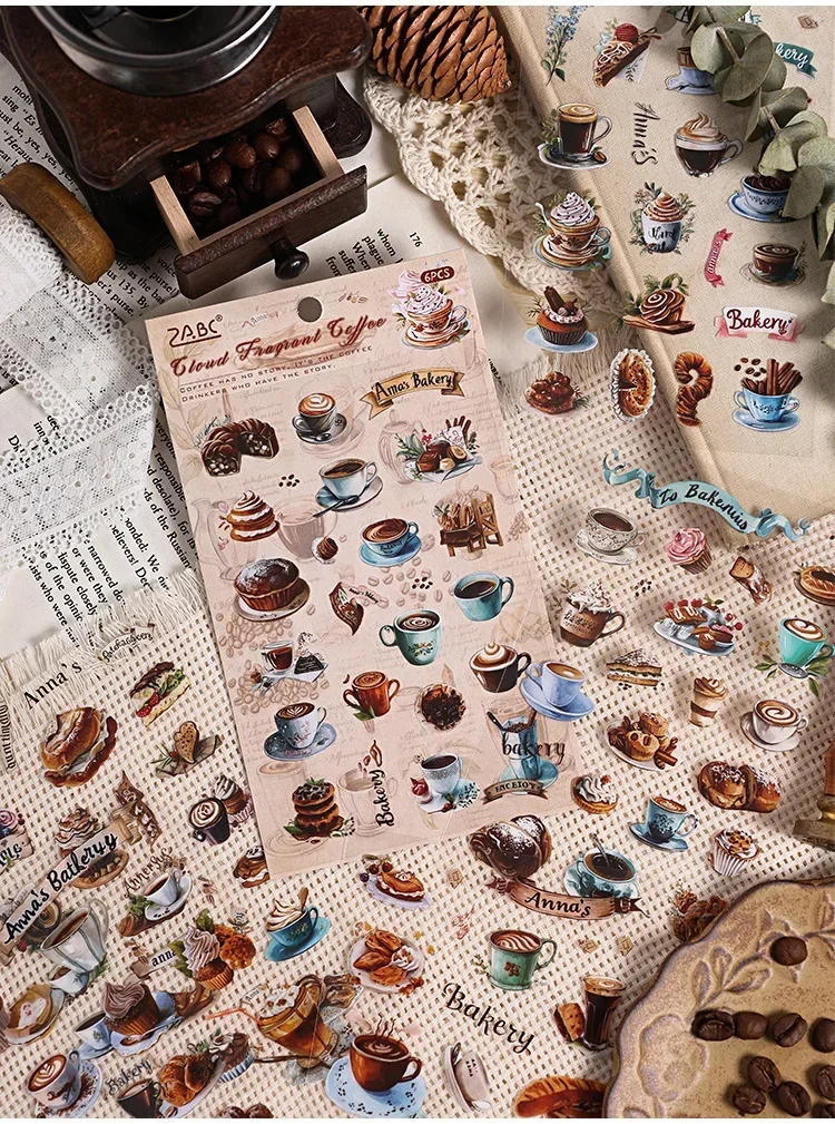 6 arkuszy/opakowanie Ciesz się warsztatem kawy Wycinany wodoodporny arkusz naklejek PET Śliczne kreatywne księgowanie Scrapbooking Materiał kolażowy