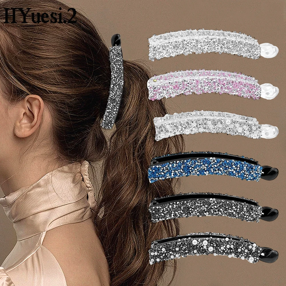 

Fashion Full Rhinestones Banana Hair Clip Elegant Acrylic Strong Holder Pearl Hairpin Barrettes Women Party Headress