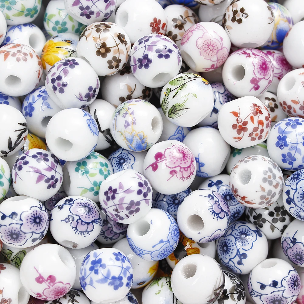 30/50Pcs Colorful Print Ceramic Beads 8/10mm Flower Pattern Round Beads For DIY Necklace Bracelet Earrings Jewelry Making