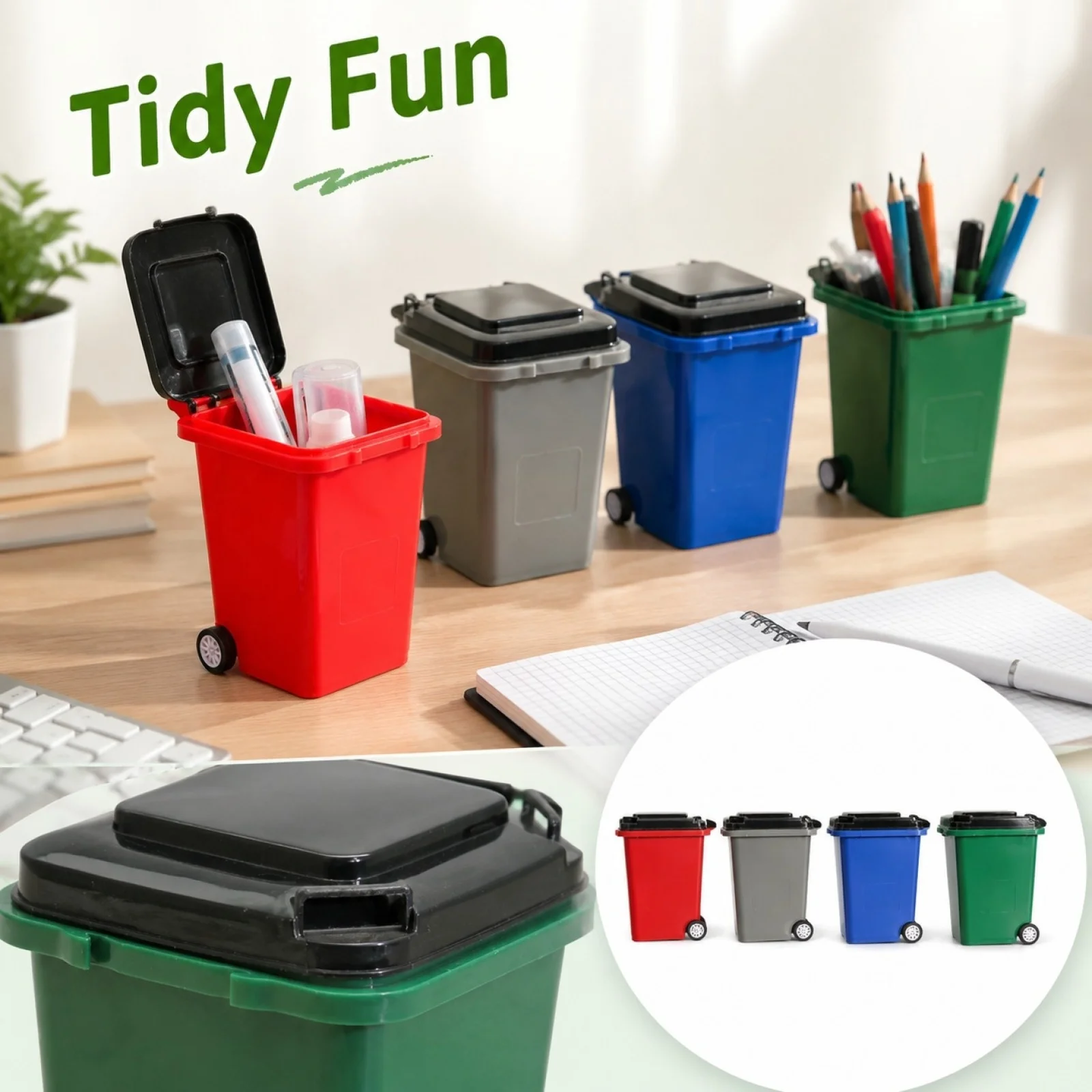 Funny Rolling Wheel Desktop Trash Can Mini Wheely Waste Bin Desktop Can with Wheels Fun Wastebasket Tabletop Garbage Bucket