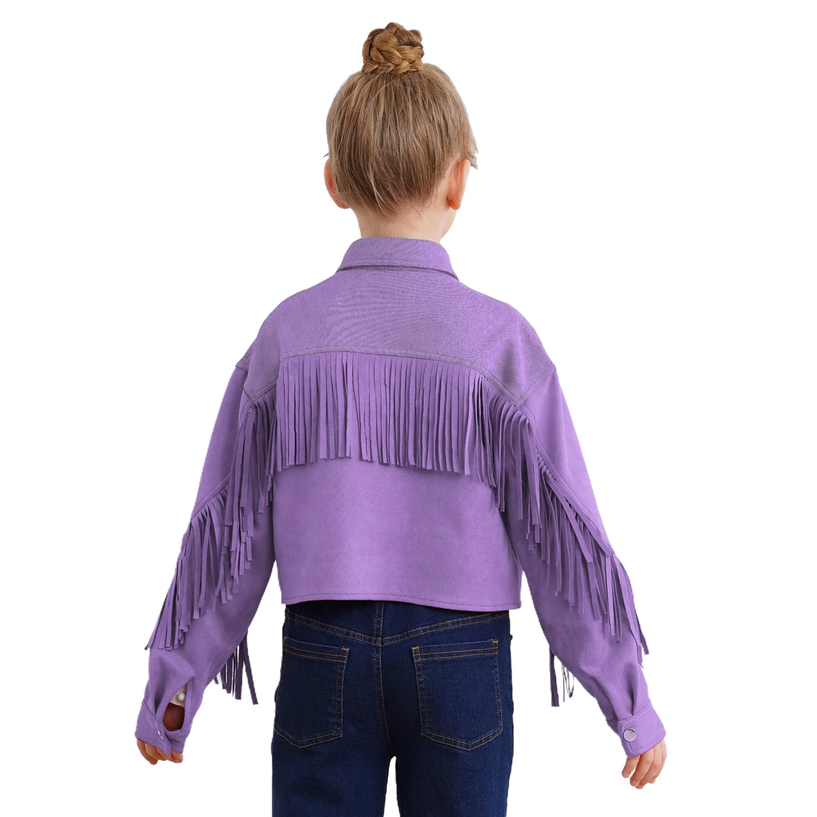 Kids Girls Tassels Jacket Turn-Down Collar Long Sleeve Outerwear Star Rhinestones Color Block Faux Suede Fringe Jacket