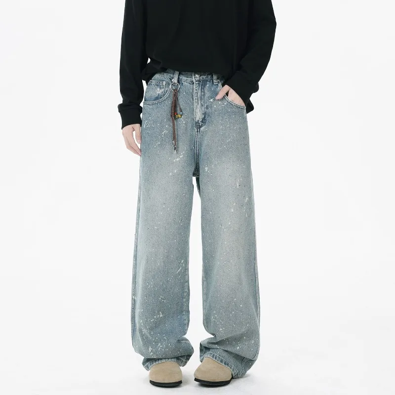 

Американский дизайн со стразами, винтажные джинсы, мужская уличная одежда, мужская одежда в стиле хип-хоп, свободные широкие брюки, модные