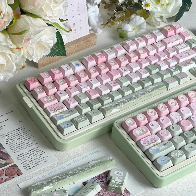 Spring Story Pink Green Theme Keycaps Set PBT Cherry SOA Profile Custom Original Handmade Keycaps for Mechanical Keyboard Gift