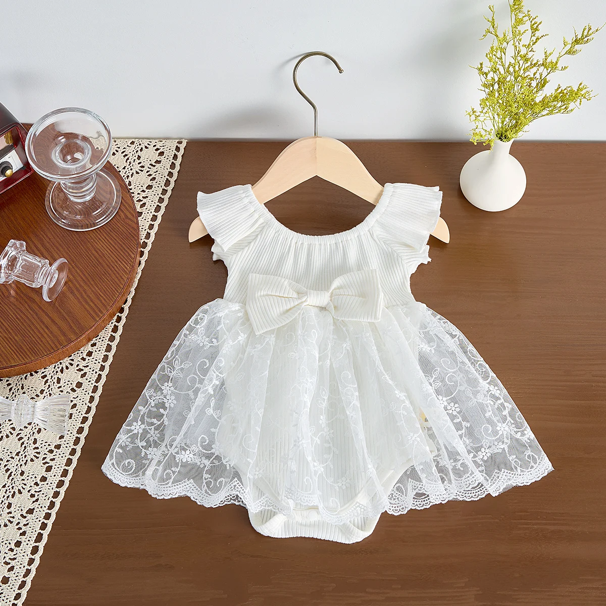 

Summer baby girls short sleeve mesh triangle onesie bow mesh ha dress