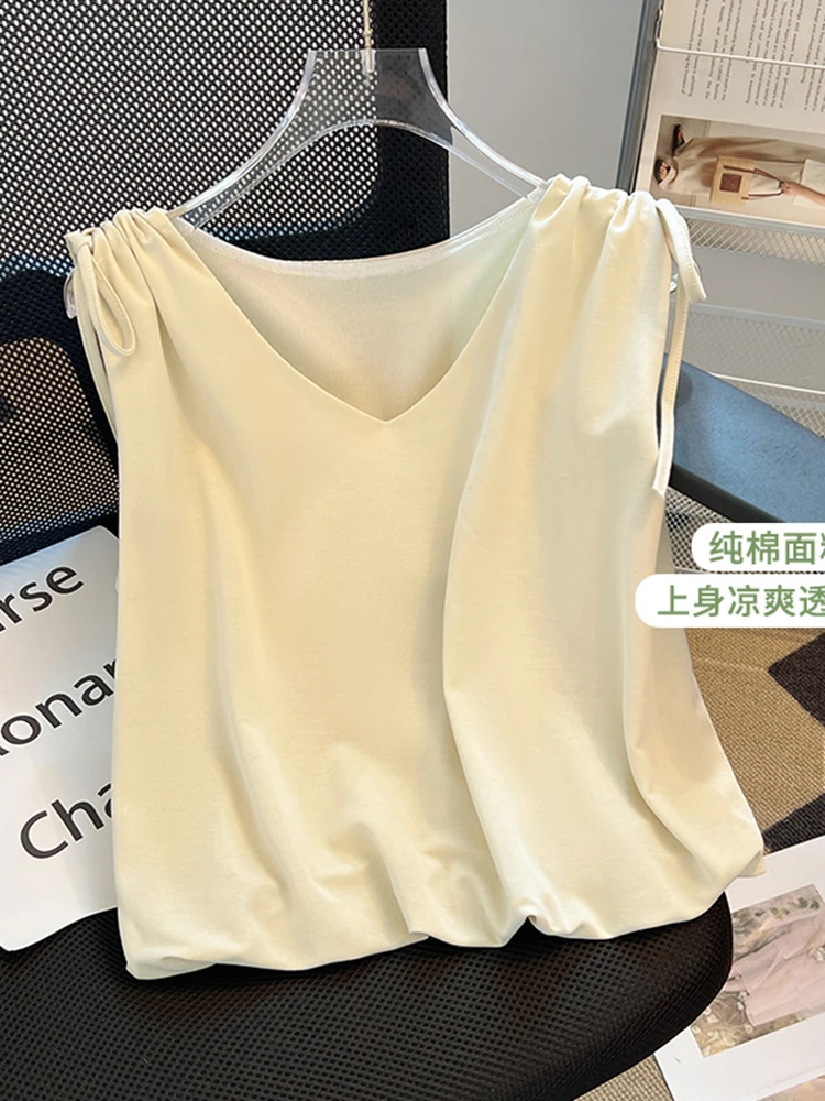 2023 Summer New V-neck Shoulder Drawstring Loose Short Slim T-shirt for Women