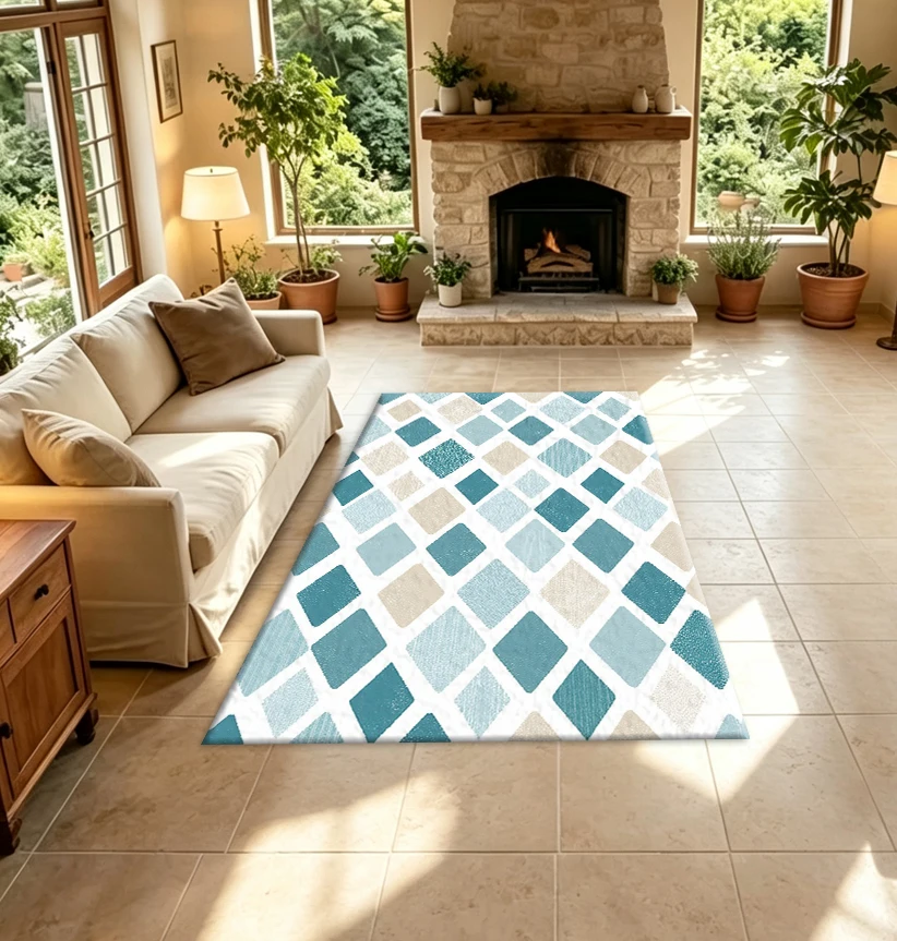 Teal Beige Diamond-Shaped Geometric Carpet Floor Tile, Simple Textured Square Diamond Pattern Carpet, Suitable for Indoor Home Decoration