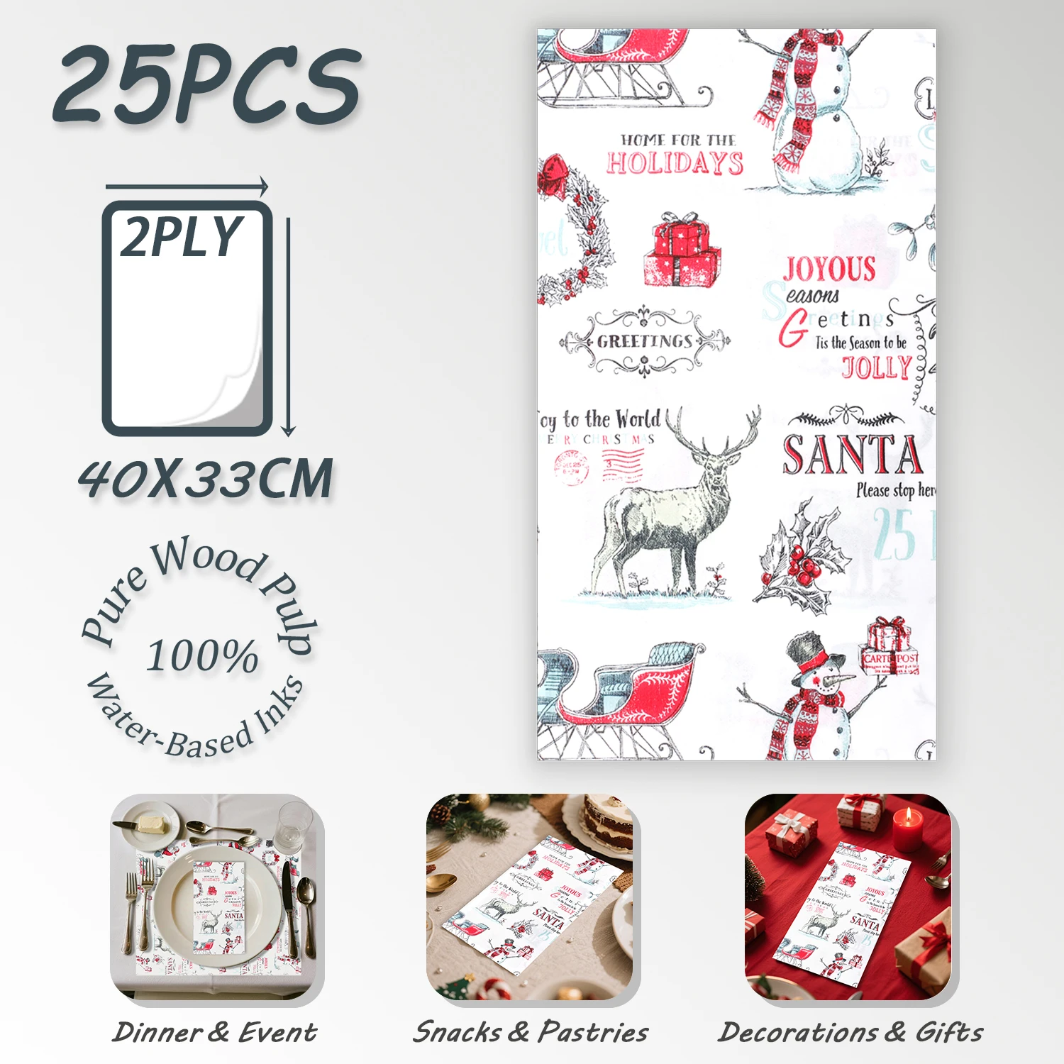 

25pcs Merry Christmas Santa Claus Snowman Reindeer Festive Paper Napkins 33x40cm Disposable Hand Towels for Christmas Parties