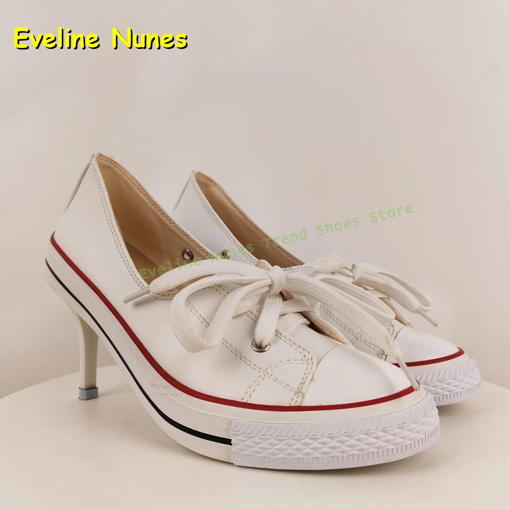 

Fashion Canvas Lace-Up Shallow Sneakers Pointed Roe Thin Heels Mixed Colors Casual Street Style Women Pumps 2025 Autumn Newest