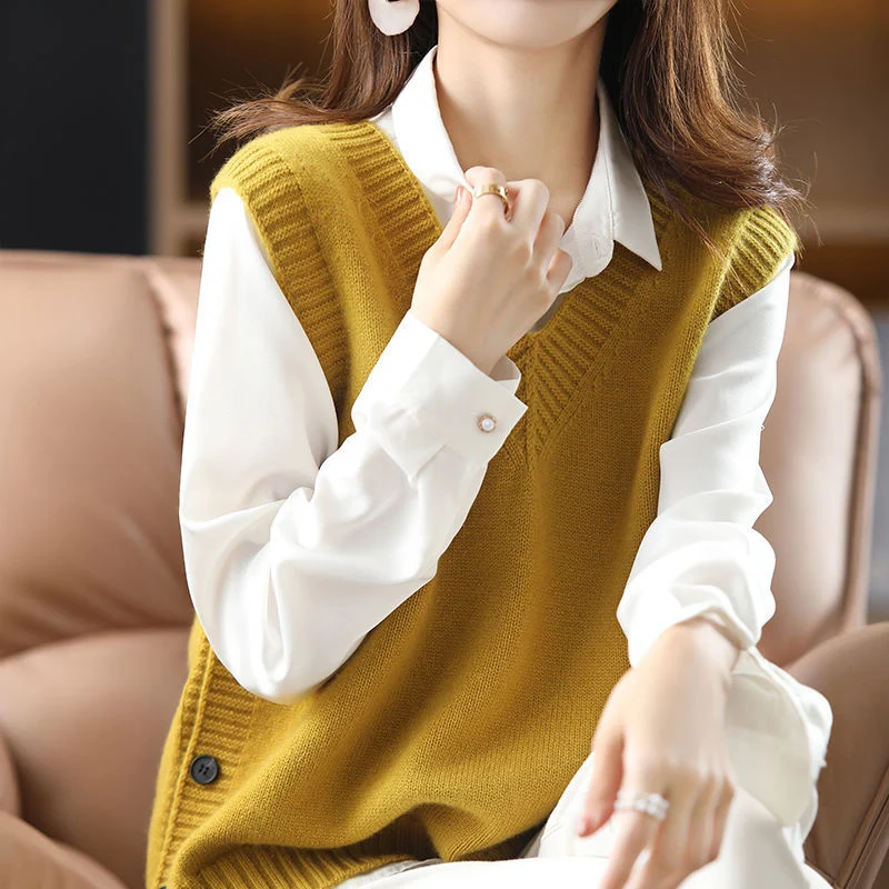 Loose V-Neck Knitted Vest Women's Lazy Style Clothing Brand Tag Removed Tailend Single Piece Comfortable Korean Version