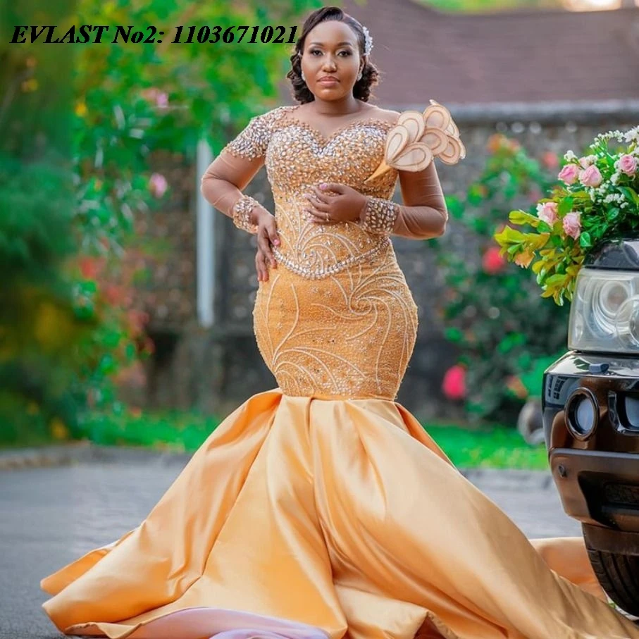 

Элегантное золотое платье EVLAST с жемчугом для темнокожих девушек, 2026, вечернее платье-русалка с африканскими кристаллами и бисером, SP56