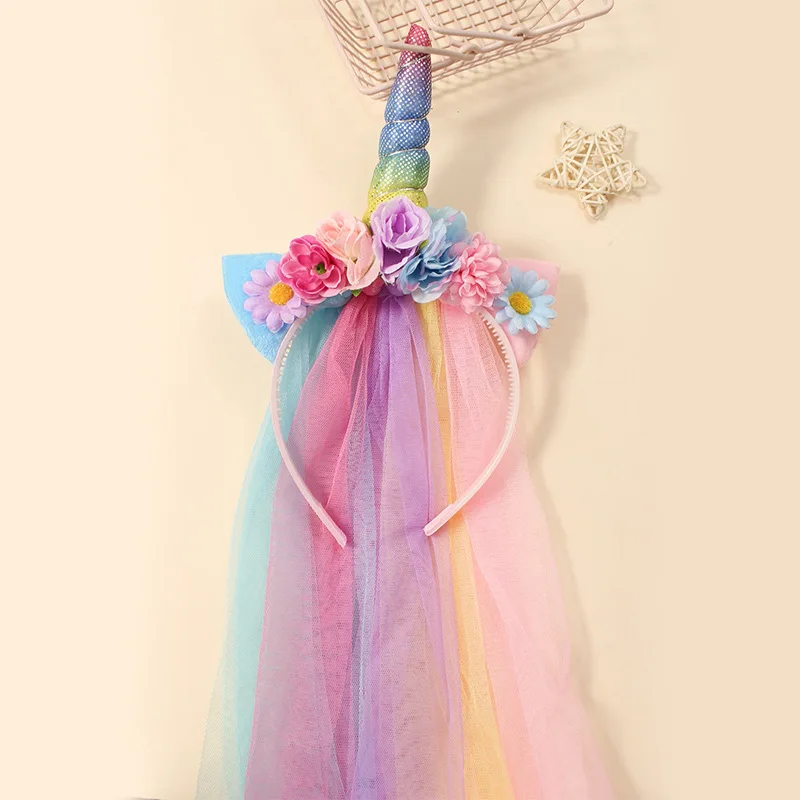 1 mesh rainbow Unicorn headband Princess Gradient Flow Sue Lace female headband Flower headband veil headband