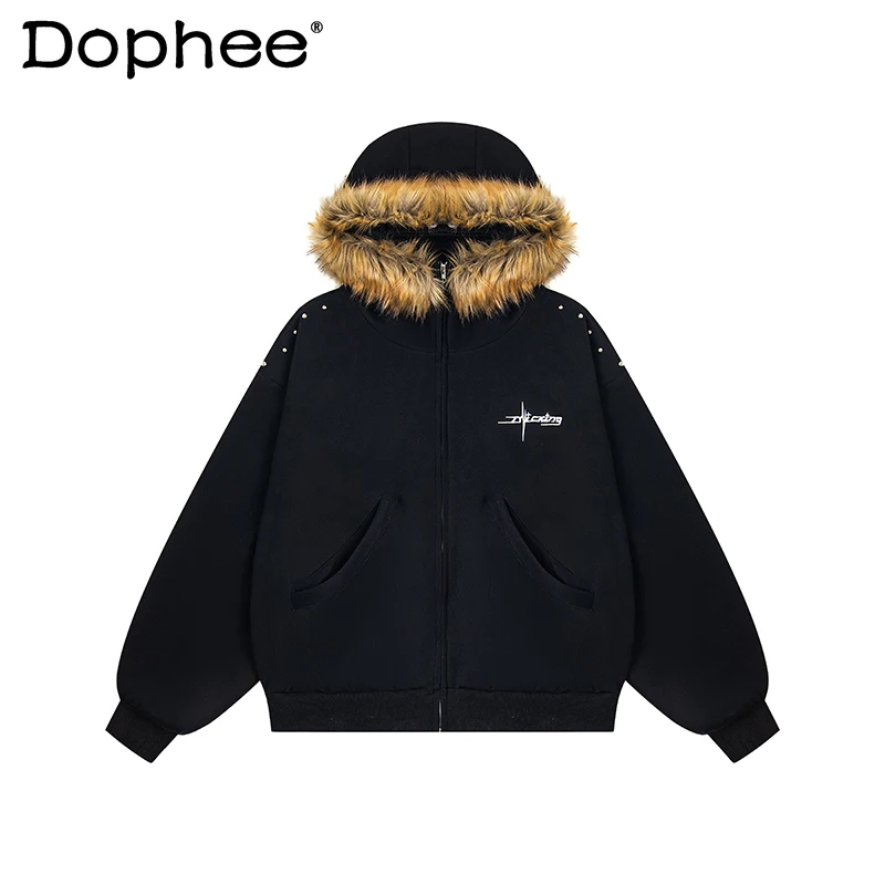 American Style Beaded Large Fur Collar Letter Embroidery Hooded Jacket Unisex Casual Loose Fashion Trend Zipper Sweatshirt