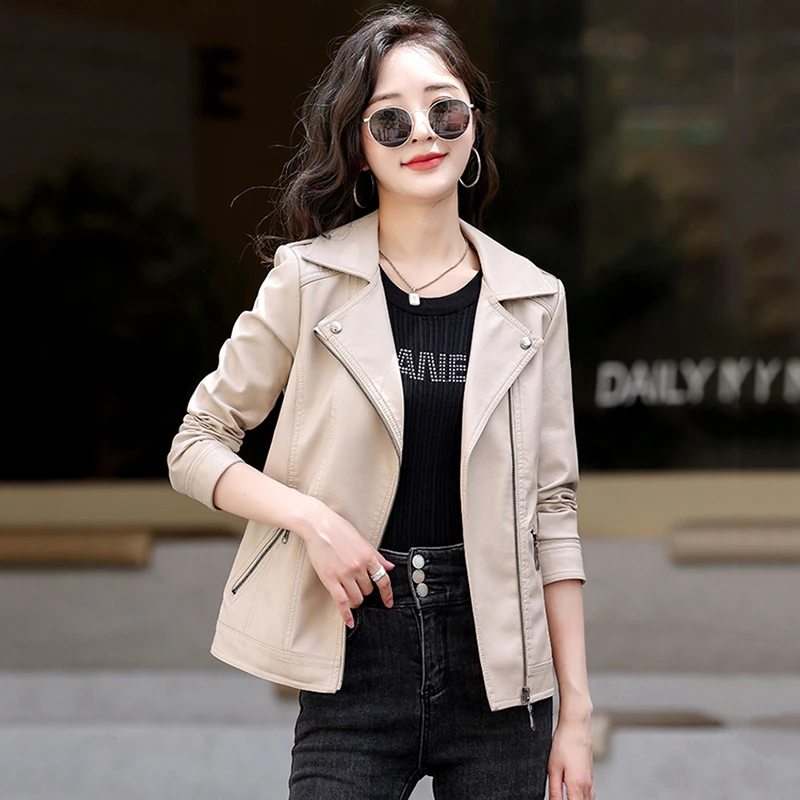 New Women Slim Leather Jacket Spring Autumn Fashion Turn-down Collar Zipper Fly Moto & Biker Jacket Split Leather Short Coat