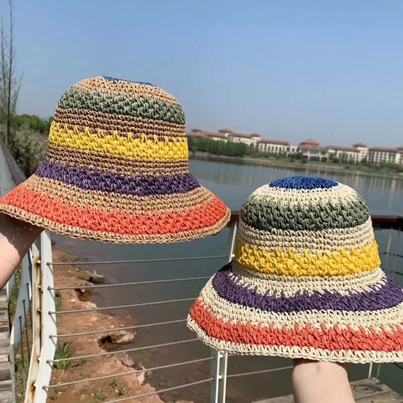 Fashion Rainbow Color Hand-woven Sun Hat for Women Summer Beach Caps Folding Sun Protection Korean Straw Hats Accessories