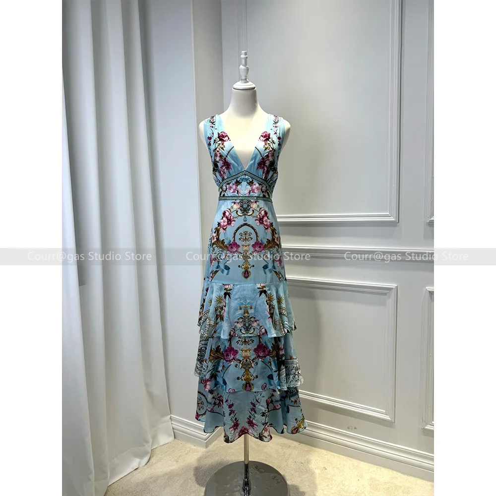 

Australian Niche Noblewoman Silk Deep V-Neck Printed Resort Style Blue Cake Skirt Vest Dresses