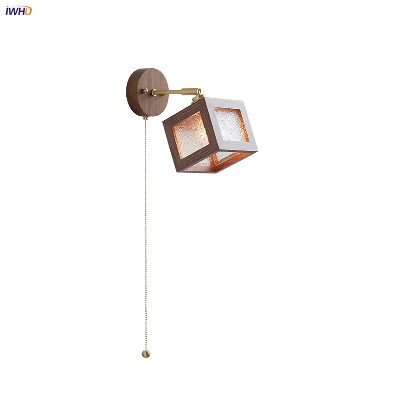 

IWHD Up Down Rotate LED Wall Lamp Sconce Restaurant Dining Room Walnut Wood Clear Glass Pull Chain Switch Bathroom Mirror Light