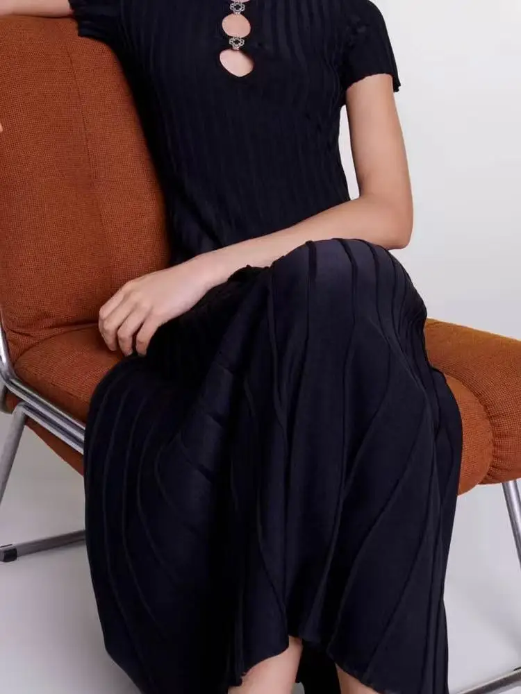 

Black Knitted Hollow Long Dress Women 2024 Summer Slim Fit Office Ladies Elegant Robe 5240011