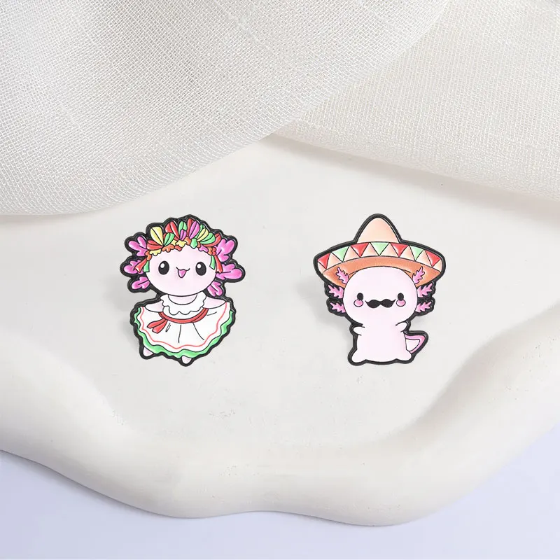 Mexikanische Fiesta Axolotl Emaille-Pins, Niedliche Sombrero-Schnurrbart-Broschen, Cartoon-Salamander-Abzeichen, Kawaii Tierschmuck, Geschenk für Freunde – Detail 5