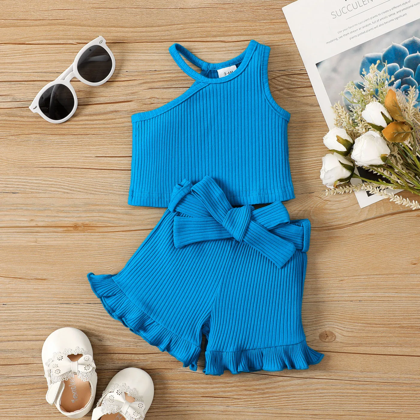 

PatPat 2pcs Baby Girl Blue Rib Knit Halter Neck One Shoulder Tank Top and Belted Ruffle Trim Shorts Set