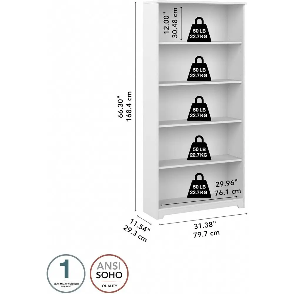 رف كتب قوي مكون من 5 طبقات من مجموعة Cabot من أثاث Bush، وخزانة بيضاء مفتوحة لغرفة المعيشة أو المكتب المنزلي #3