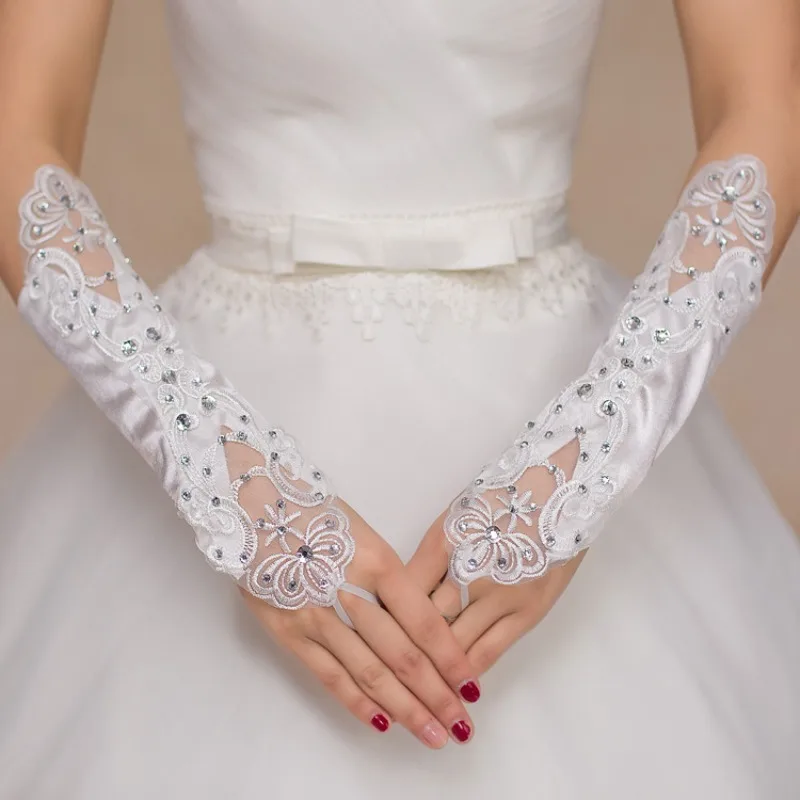 

Bridal Gloves Satin Lace Embroidered Long Fingerless White Wedding Gloves