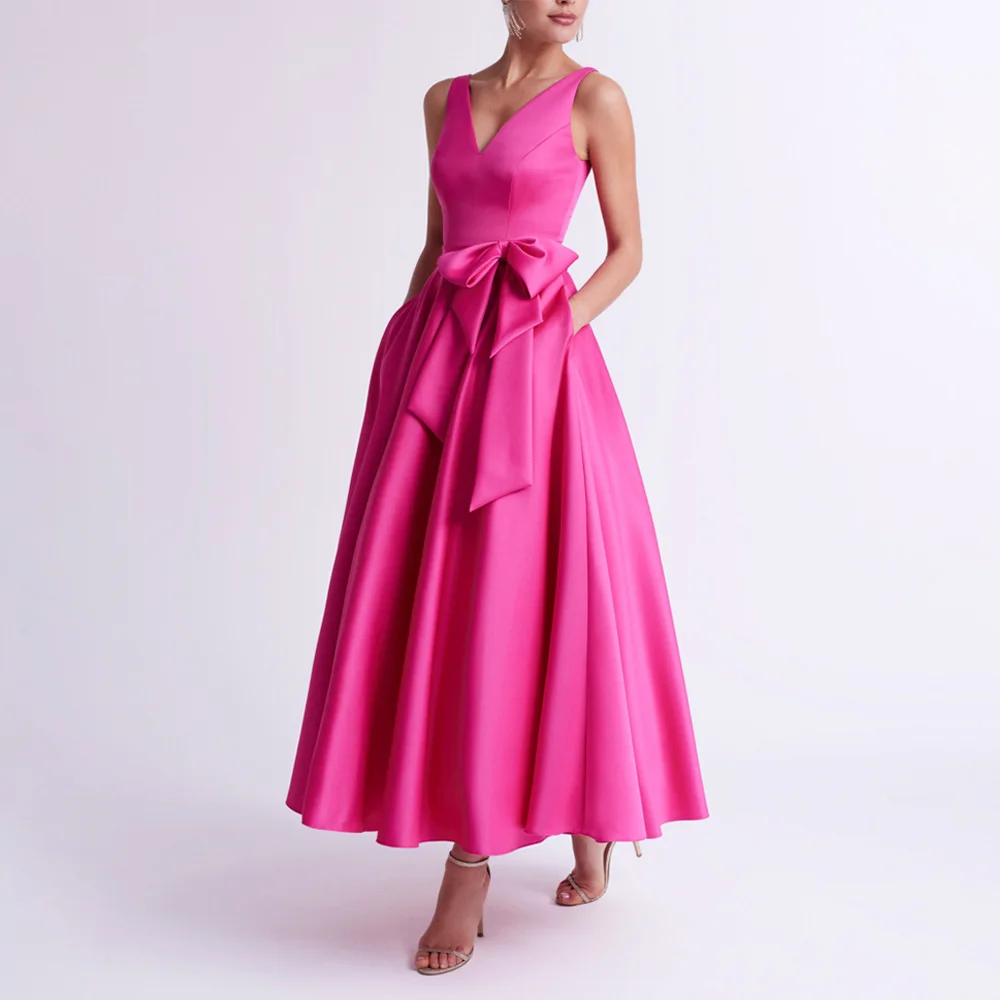 Mulheres cetim vestidos de casamento para convidados, linha A, cetim, decote V, vestido para a mãe da noiva, bolsos do arco midi, festa de noite formal, quente, rosa